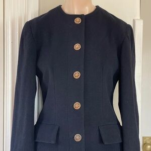 Women Wool Cashmere Cropped Blazer: Black, Gold Buttons, Made in England, Size 8